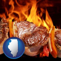 illinois map icon and meat on a hot barbecue grill