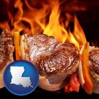 louisiana map icon and meat on a hot barbecue grill