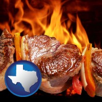 texas map icon and meat on a hot barbecue grill